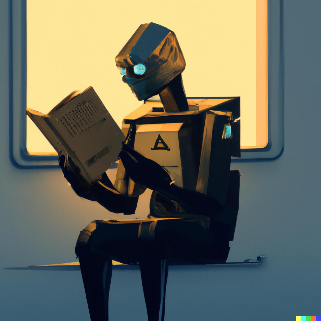 DALL·E prompt: A robot reading a book from Blade Runner 2049